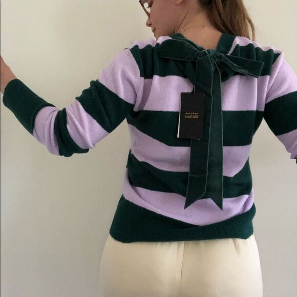 Atlantic-Pacific Green Lilac Green Stripe Bow Back Sweater Size XS - Picture 3 of 12